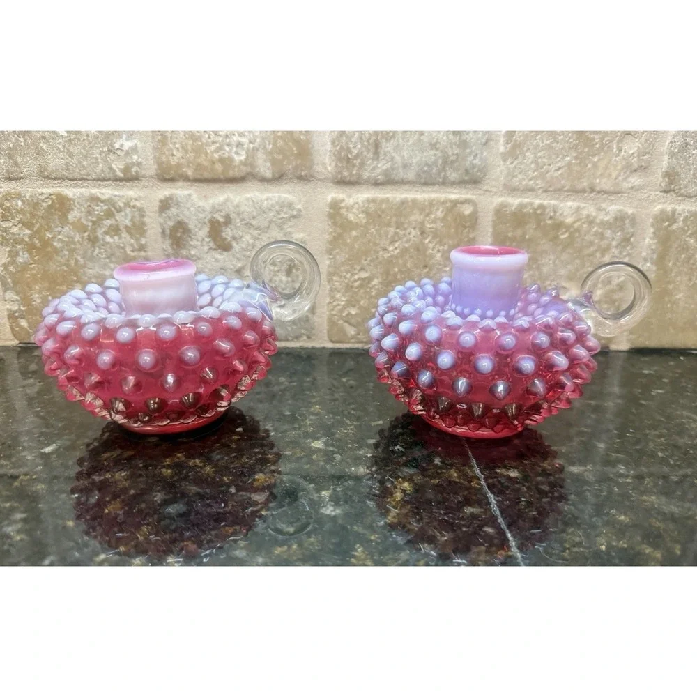 2 Vintage Fenton Cranberry Hobnail Opalescent Candlestick‎ Holders Finger Loop